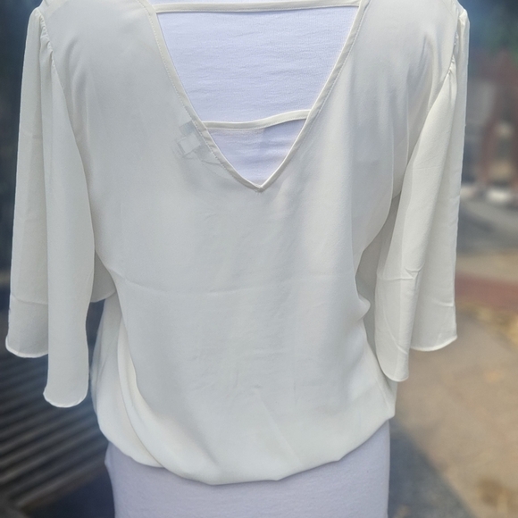 Express Flounce Sleeve Double Strap Back Ivory Blouse Elastic Waist Wmn's Sz M - Picture 2 of 5